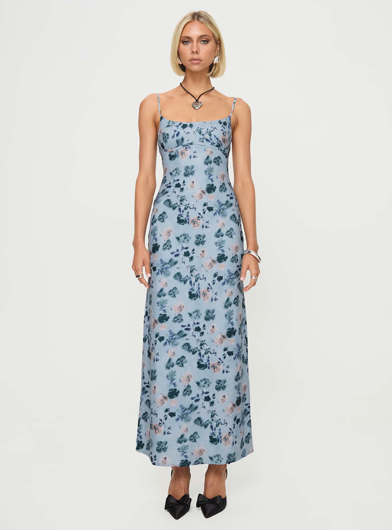 front view of model wearing Princess Polly Ravia Maxi Dress Blue / Floral Square Neck 
