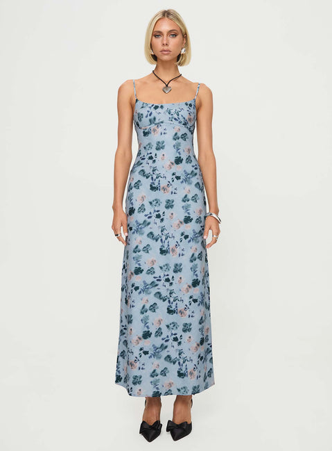 front view of model wearing Princess Polly Ravia Maxi Dress Blue / Floral Square Neck 