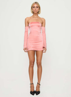 front view of model wearing Princess Polly Amalea Mini Dress Dusty Pink Straight Neck 
