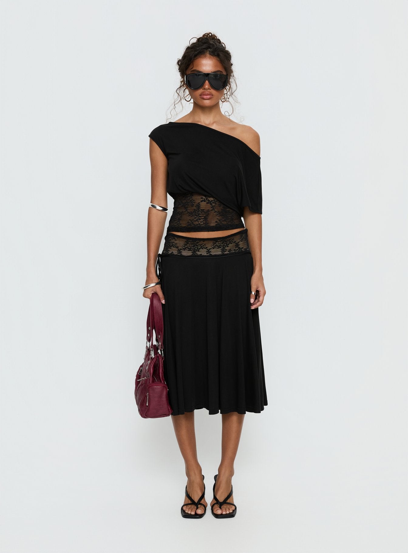   front view of model wearing Princess Polly Marienna Lace Midi Skirt Black Midi Skirts 