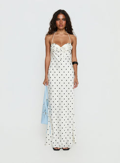 Costella Halter Satin Maxi Dress Cream Polka Dot