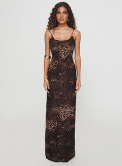 front view of model wearing Princess Polly Knox Maxi Dress Leopard Scoop Neck 