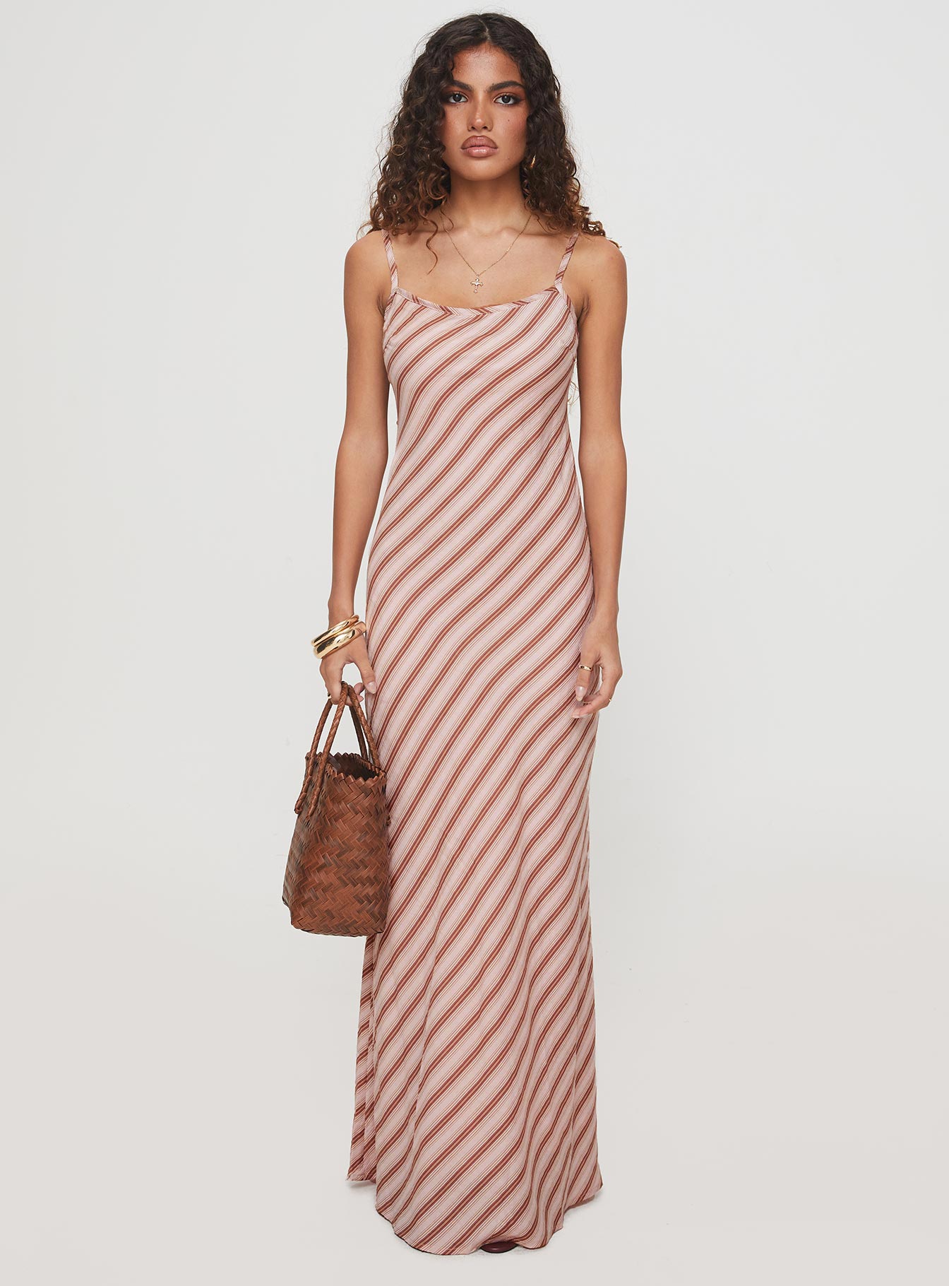 front view of model wearing Princess Polly Rianne Maxi Dress Pink Stripe Scoop Neck 