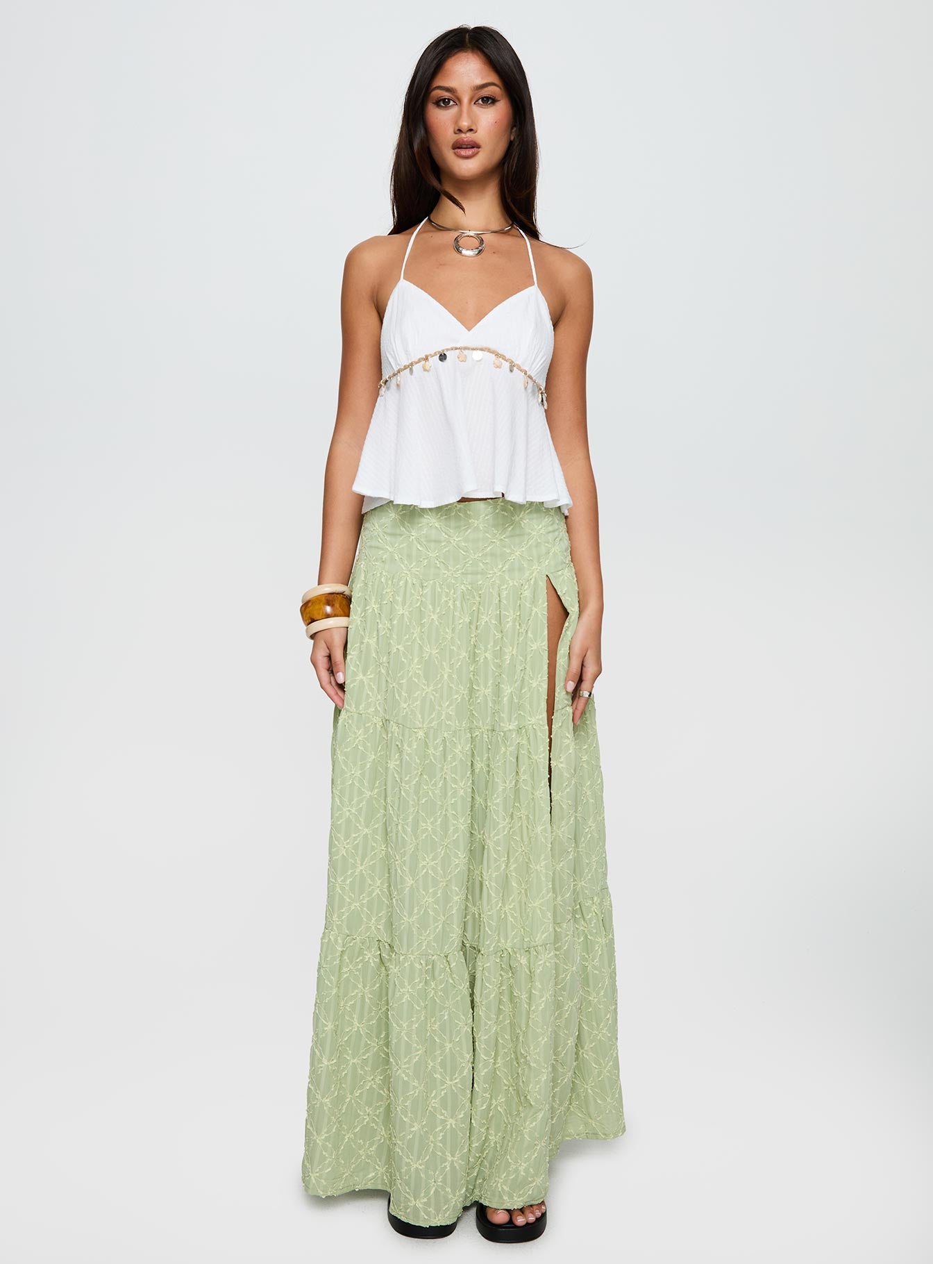 back view of model wearing Princess Polly Silver Soul Embroidered Maxi Skirt Sage Maxi 