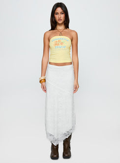 side view of model wearing Princess Polly Sorrento Italy Strapless Top Yellow Sleeveless straight 