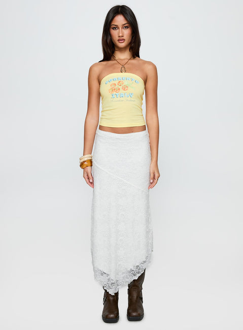 side view of model wearing Princess Polly Sorrento Italy Strapless Top Yellow Sleeveless straight 