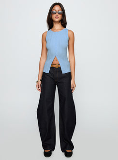 front view of model wearing Princess Polly Oregano Top Blue Sleeveless Crew Neck 