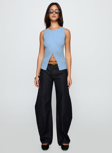 front view of model wearing Princess Polly Oregano Top Blue Sleeveless Crew Neck 