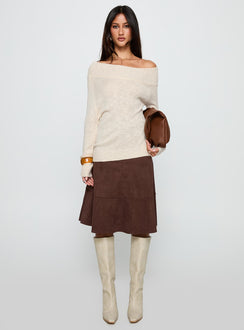 side view of model wearing Princess Polly Alyxandra Off Shoulder Knit Sweater Beige Long 