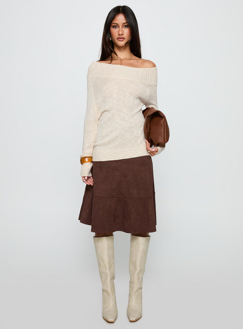 side view of model wearing Princess Polly Alyxandra Off Shoulder Knit Sweater Beige Long 