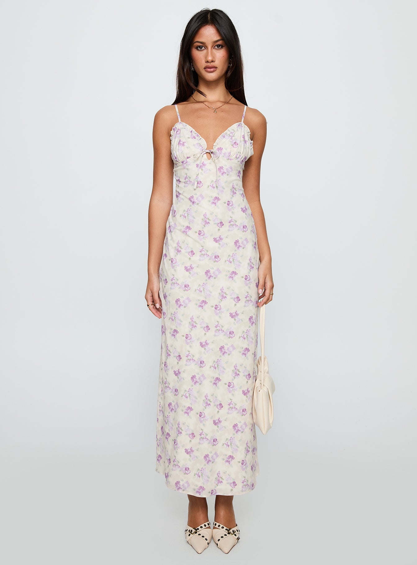 front view of model wearing Princess Polly Jessamine Frill Maxi Dress White / Lilac Plunger 