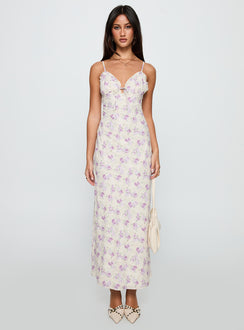 front view of model wearing Princess Polly Jessamine Frill Maxi Dress White / Lilac Plunger 