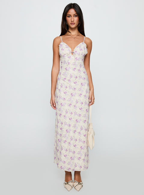 front view of model wearing Princess Polly Jessamine Frill Maxi Dress White / Lilac Plunger 
