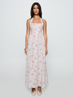 front view of model wearing Princess Polly Sunfields Halter Maxi Dress Multi Square Neck 