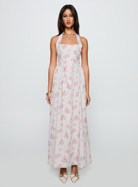 front view of model wearing Princess Polly Sunfields Halter Maxi Dress Multi Square Neck 