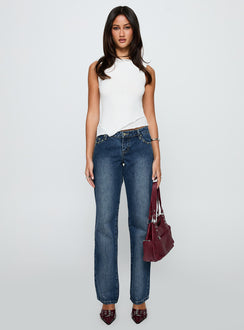 front view of model wearing Princess Polly So Dazzling Studded Low Rise Jeans Dark Wash Low Rise Jeans 