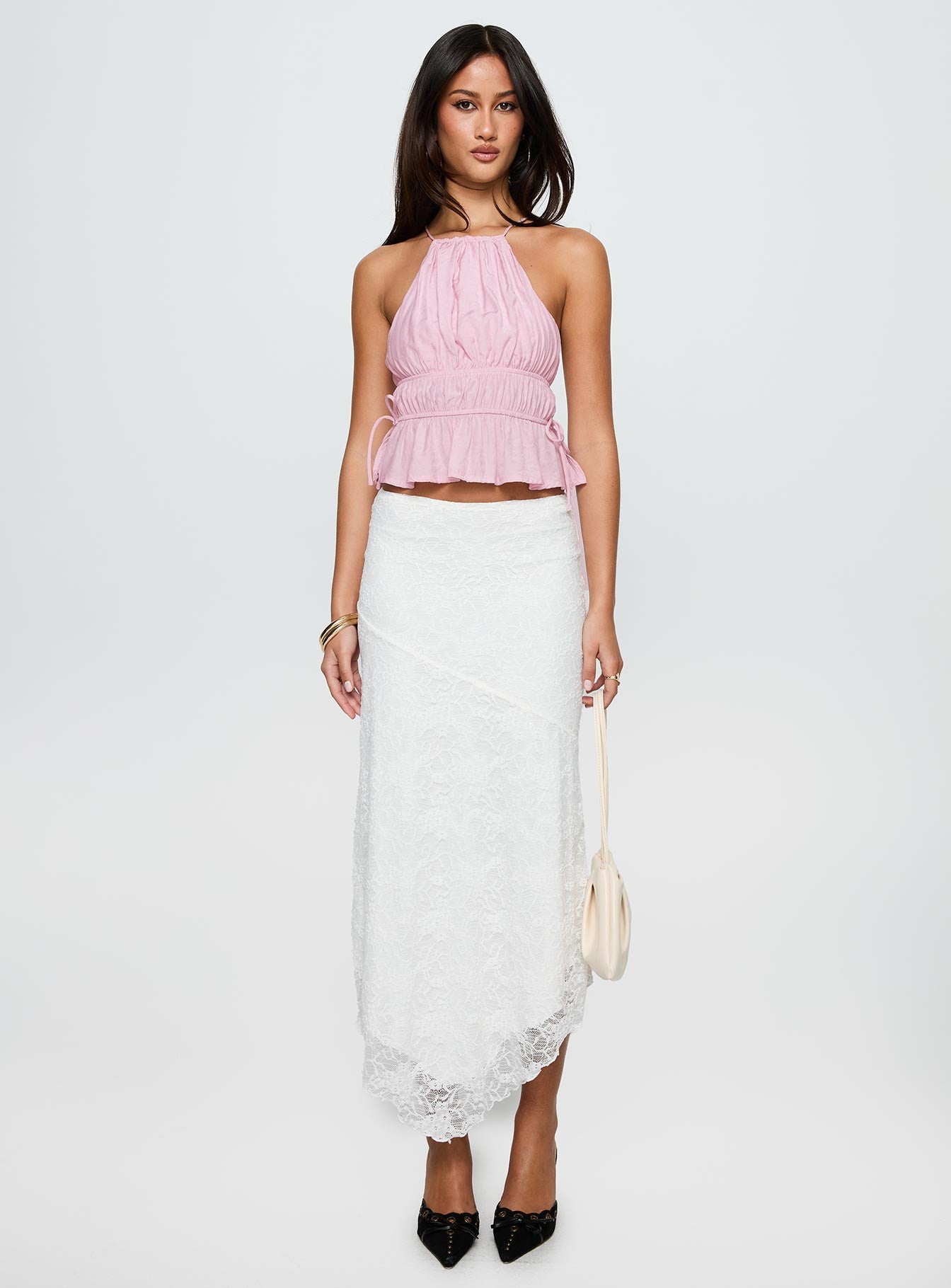   side view of model wearing Princess Polly Freebirds Lace Midi Skirt White Midi Skirts 