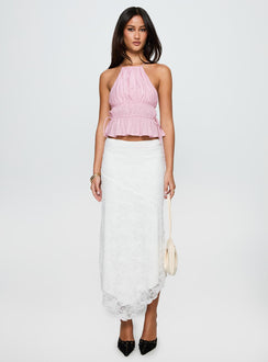   side view of model wearing Princess Polly Freebirds Lace Midi Skirt White Midi Skirts 