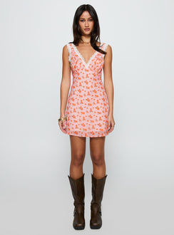 back view of model wearing Princess Polly Happier Than Ever Lace Mini Dress Pink / Floral V-Neck 