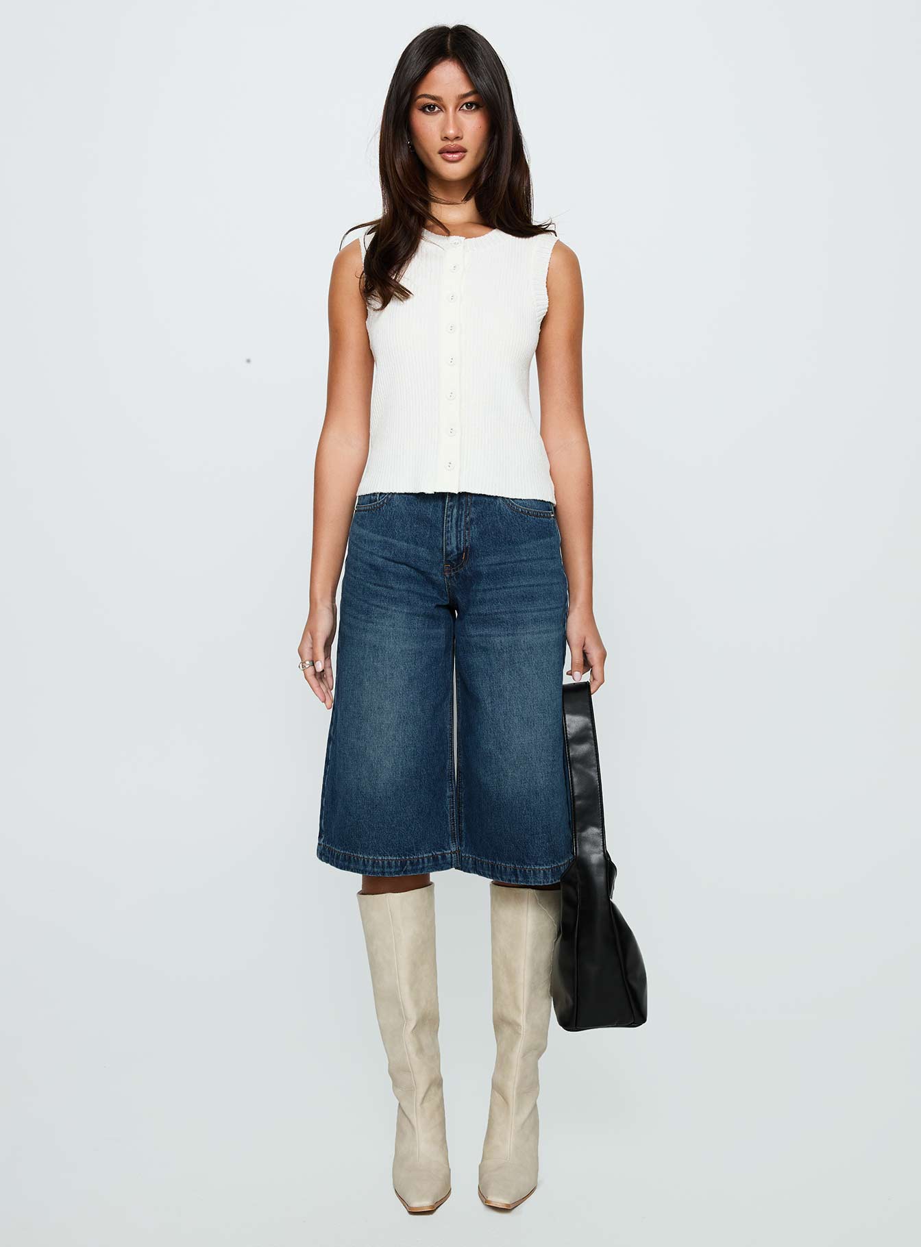 back view of model wearing Princess Polly Simie Button Front Rib Top White Sleeveless Crew Neck 