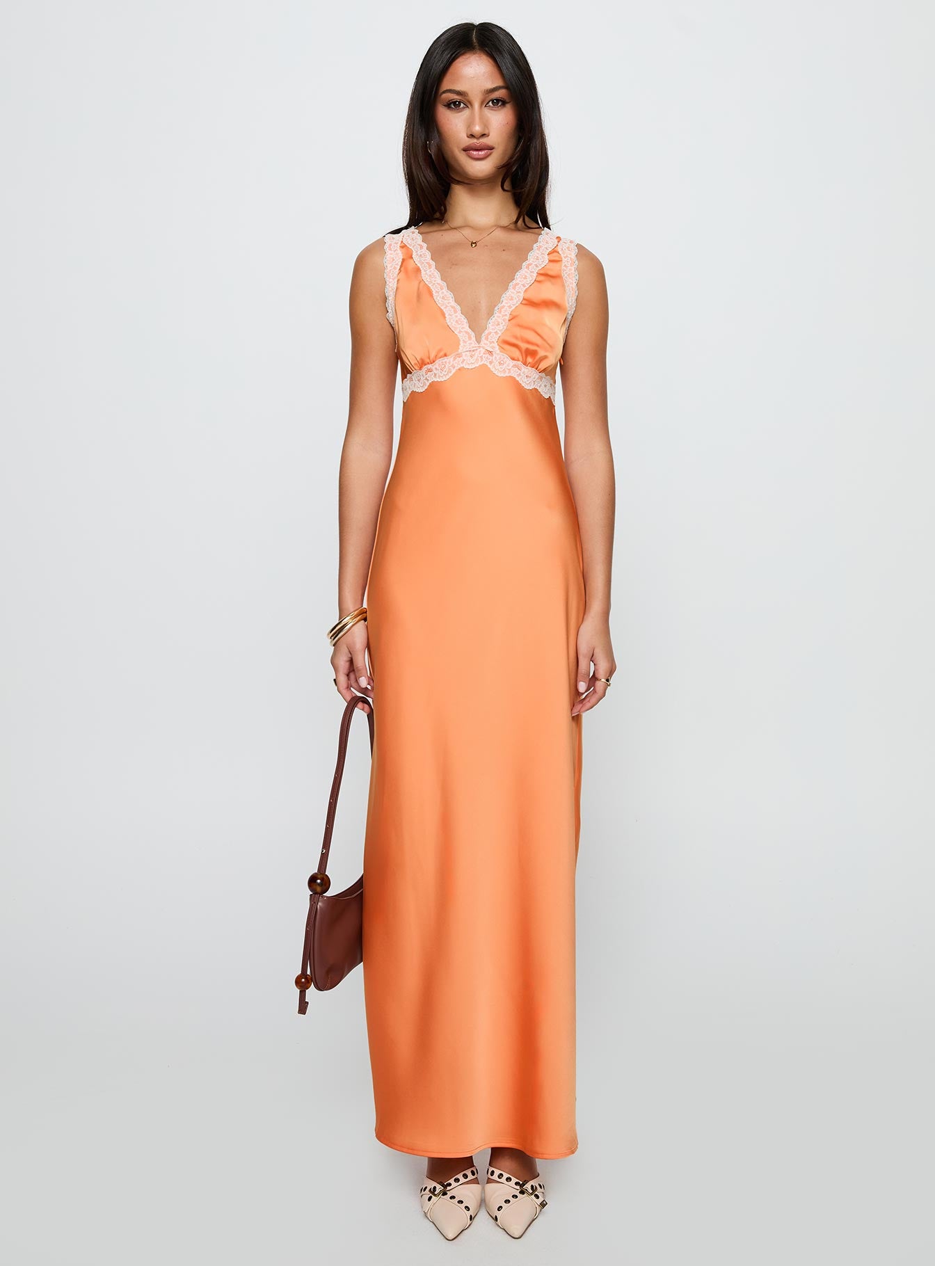 front view of model wearing Princess Polly Natassja Maxi Dress Orange V-Neck 