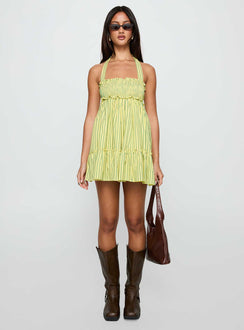 front view of model wearing Princess Polly Tiptoe Mini Dress Yellow Stripe Square Neck 