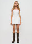 front view of model wearing Princess Polly Slow Dance Linen Blend Mini Dress White Straight Neck 