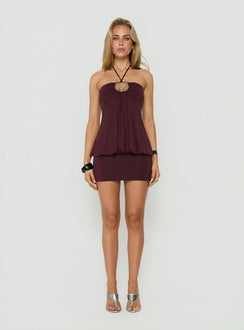 Betsey Ring Detail Tie Neck Mini Dress Burgundy