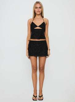   front view of model wearing Princess Polly Wild Card Beaded Tie Mini Skirt Black Mini Skirts 