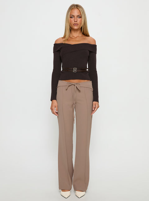 front view of model wearing Princess Polly Narratives Wrap Tie Trouser Pant Taupe Mid Rise Pants 