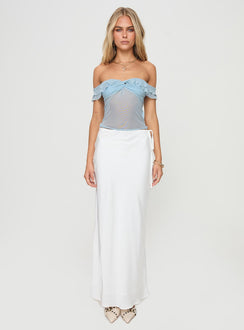 back view of model wearing Princess Polly Loire Off Shoulder Top Blue Short Sleeves Sweetheart 