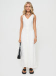 side view of model wearing Princess Polly Summer Season Linen Blend Maxi Dress White V-Neck 