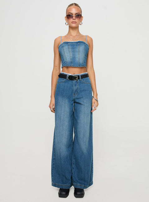 front view of model wearing Princess Polly Vihaan Wide Leg Pants Blue Wash High Waisted Pants 