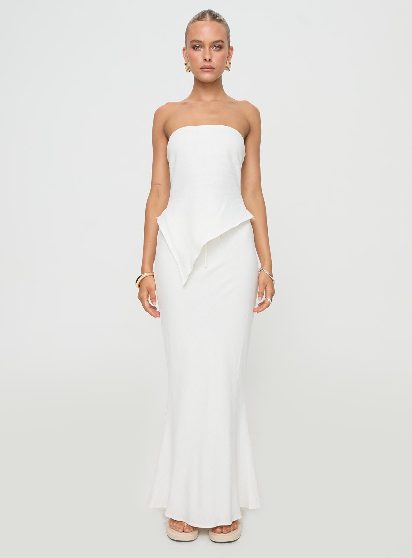   front view of model wearing Princess Polly Mercer Linen Blend Maxi Skirt White Maxi 