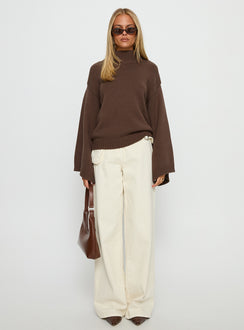 back view of model wearing Princess Polly Neriel Funnel Neck Knit Sweater Chocolate Long 