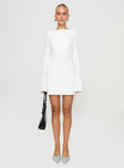 White long sleeve mini dress High neckline, faux twin hip pickets, low scooped back