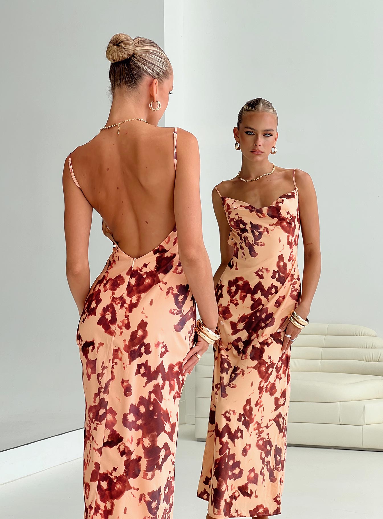 back view of model wearing Princess Polly Gracele Maxi Dress Pink Floral Cowl Neck 