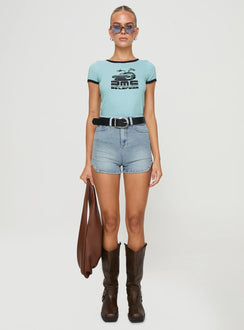 front view of model wearing Princess Polly Richardsons Denim Shorts Light Blue Wash High Waisted Shorts 