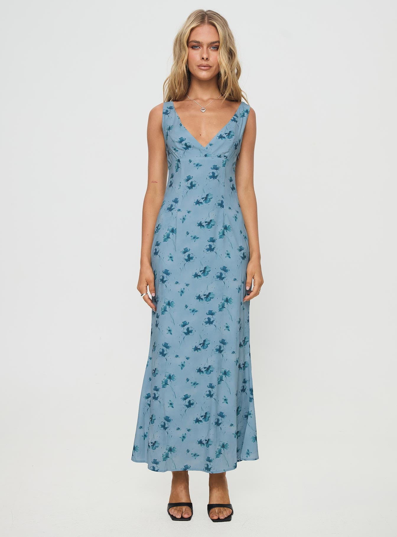 front view of model wearing Princess Polly Donnelly Maxi Dress Blue Plunger 