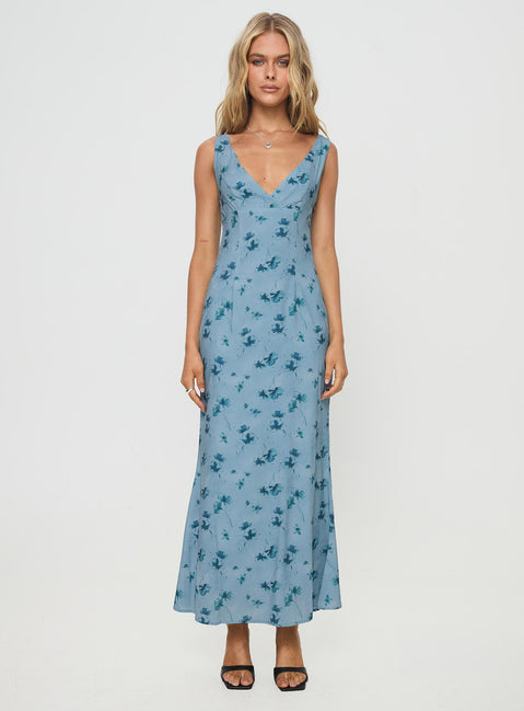 front view of model wearing Princess Polly Donnelly Maxi Dress Blue Plunger 