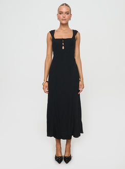 front view of model wearing Princess Polly Chosen Girl Linen Blend Midi Dress Black Square Neck 