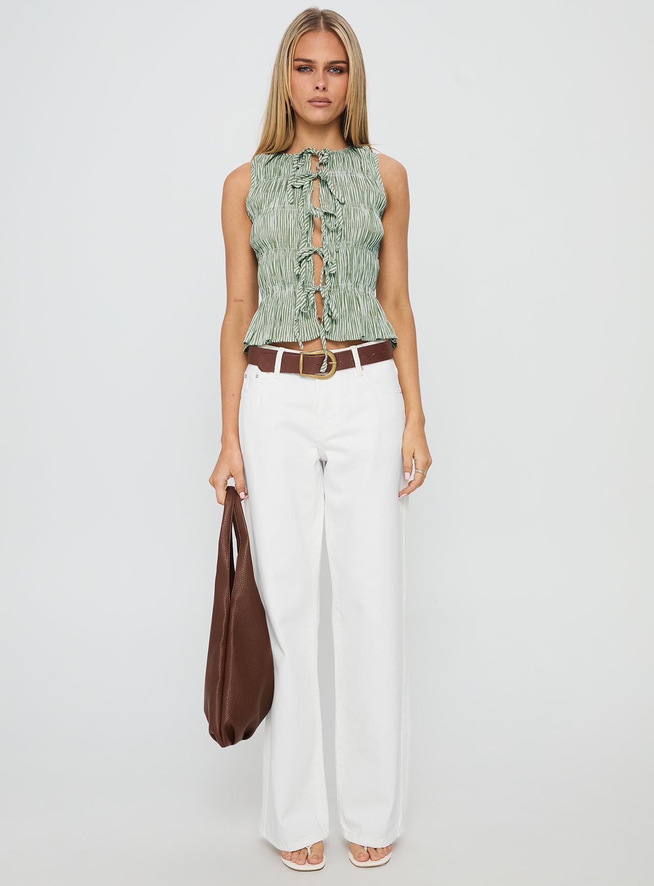 Apero Shirred Tie Front Top Green / White Stripe