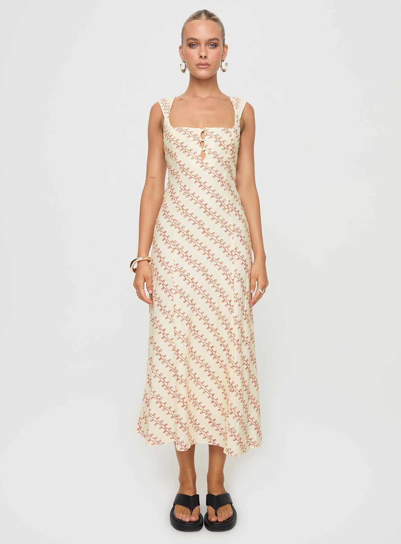 front view of model wearing Princess Polly Chosen Girl Linen Blend Midi Dress Multi Square Neck 