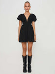 V neck mini dress Tie fastening at front, puff sleeves, invisible zip fastening at back  Non-stretch, partially lined  