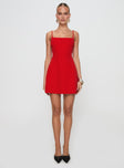 front view of model wearing Princess Polly Rousselet Mini Dress Red Square Neck 