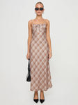 front view of model wearing Princess Polly Wallin Maxi Dress Brown Check Square Neck 