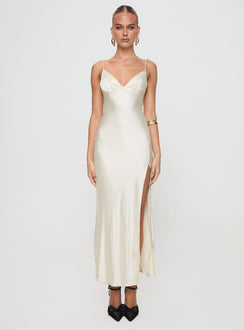 front view of model wearing Princess Polly Vezelay Maxi Dress Champagne Plunger 