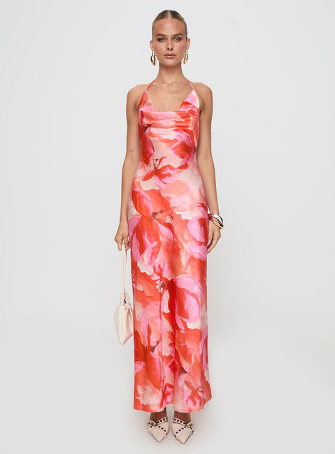 front view of model wearing Princess Polly Simor Maxi Dress Red Cowl Neck 