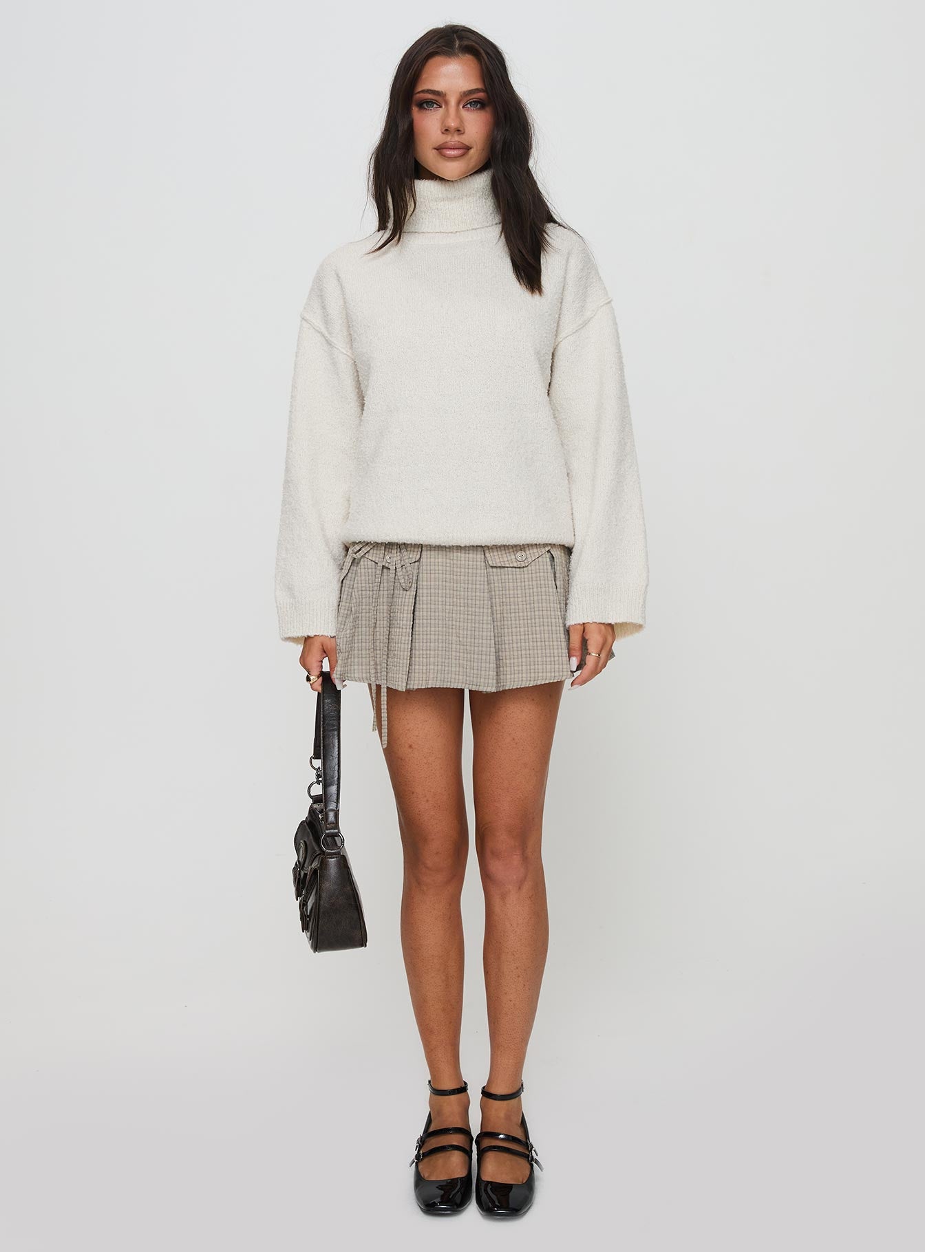 front view of model wearing Princess Polly Finnien Boucle Turtleneck Sweater Cream Long 