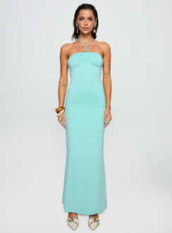 front view of model wearing Princess Polly A Vision Hardware Detail Maxi Dress Blue Straight Neck 